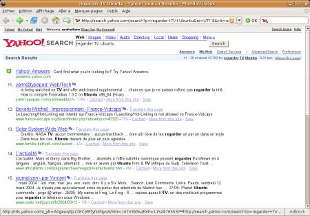 Capture montrant mon blog en 13ème position de la recherche "Regarder TV Ubuntu" sur Yahoo.